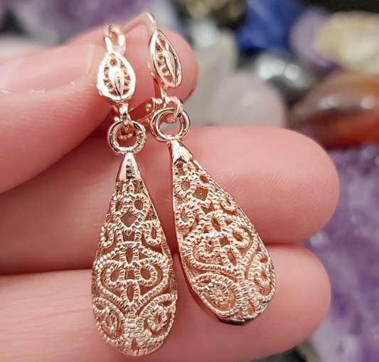 Earrings 14K Rose Gold Plated Teardrop Filigree Dangle/Drop Lever-back Closure