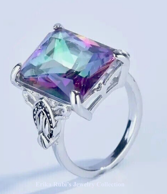 Natural Rainbow Mystic Topaz Large Gem Ring Sz 10 925 Sterling Silver, Gold Plated